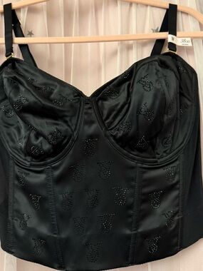 Victoria's Secret Black Satin Corset with Embellished Rhinestone Logo